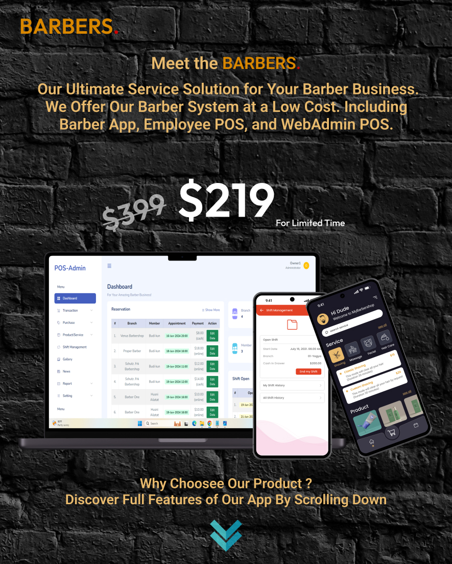 Barbers - Multi Barbershop Apps (SaaS), Booking Appointment, Employee POS App, and Web Admin - 1